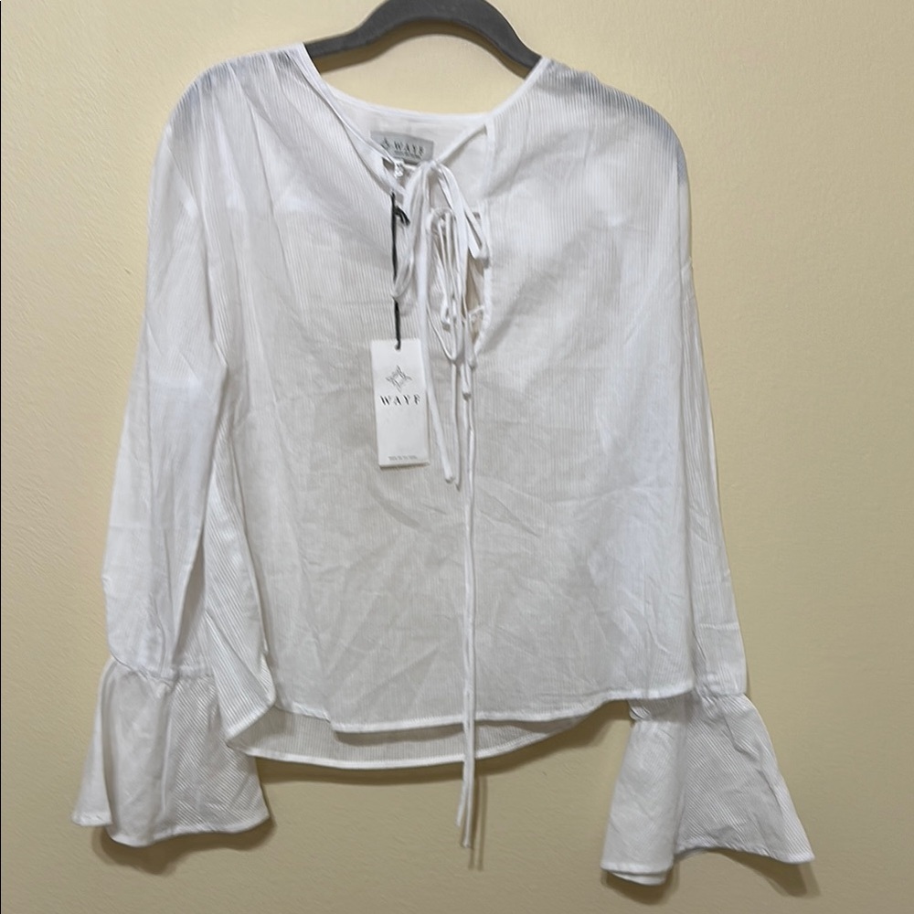 Wayf White Ruffled Tie Front‎ Blouse with Bell Sleeves